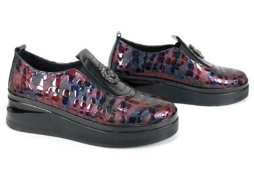 Pantofi damă din lac natural bordo-albastru melanj cu platformă