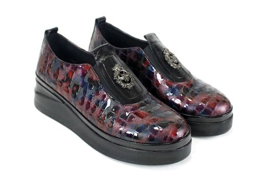 Pantofi damă din lac natural bordo-albastru melanj cu platformă