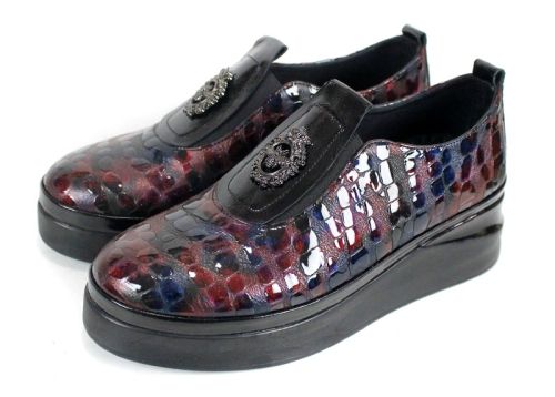 Pantofi damă din lac natural bordo-albastru melanj cu platformă