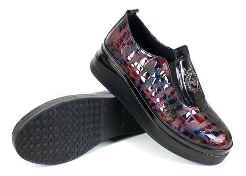 Pantofi damă din lac natural bordo-albastru melanj cu platformă