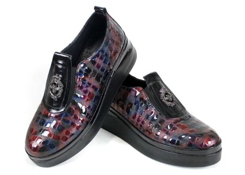 Pantofi damă din lac natural bordo-albastru melanj cu platformă