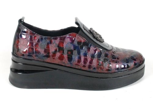 Pantofi damă din lac natural bordo-albastru melanj cu platformă