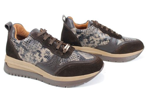 Pantofi sport dama Elea – piele întoarsă maro, piele floater și imprimeu șarpe