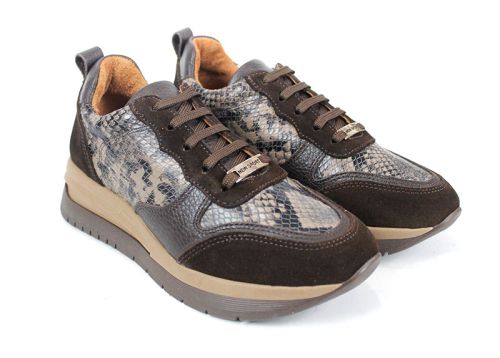 Pantofi sport dama Elea din piele întoarsă maro și imprimeu șarpe