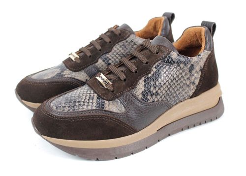 Pantofi sport dama Elea din piele întoarsă maro și imprimeu șarpe