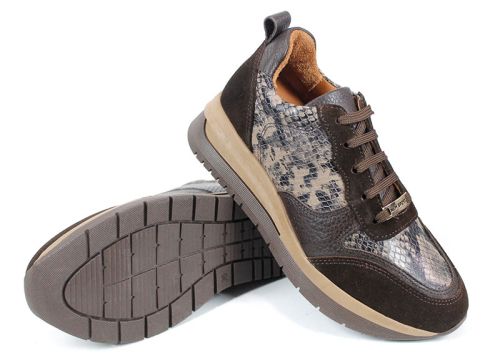 Pantofi sport dama Elea din piele întoarsă maro și imprimeu șarpe