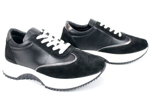 Pantofi sport damă Eleganza Viso din piele naturală și velur negru cu talpă albă