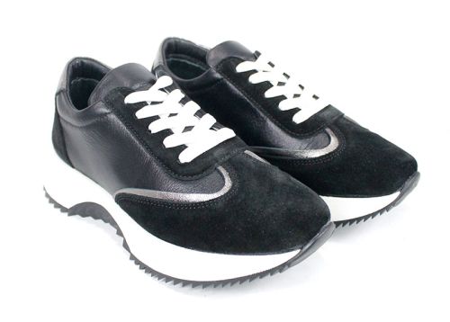 Pantofi sport damă Eleganza Viso din piele naturală și velur negru cu talpă albă