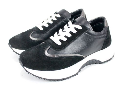 Pantofi sport damă Eleganza Viso din piele naturală și velur negru cu talpă albă