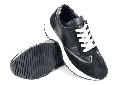 Pantofi sport damă Eleganza Viso din piele naturală și velur negru cu talpă albă