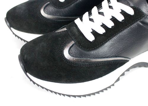 Pantofi sport damă Eleganza Viso din piele naturală și velur negru cu talpă albă