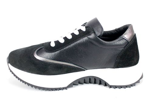 Pantofi sport damă Eleganza Viso din piele naturală și velur negru cu talpă albă