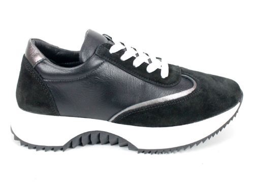 Pantofi sport damă Eleganza Viso din piele naturală și velur negru cu talpă albă