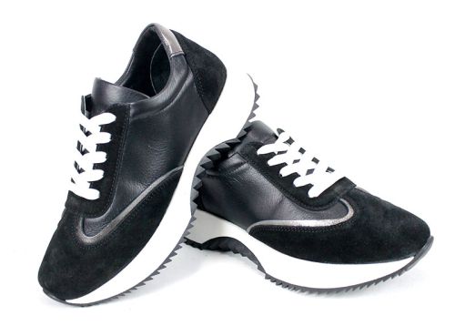 Pantofi sport damă Eleganza Viso din piele naturală și velur negru cu talpă albă