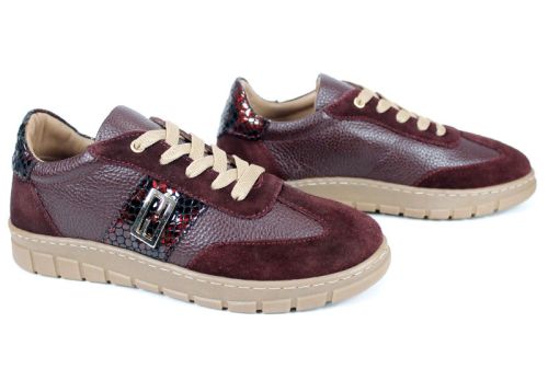 Pantofi sport damă Retria din piele bordo și velur cu detaliu snake și șireturi bej