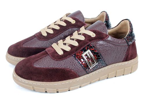 Pantofi sport damă Retria din piele bordo și velur cu detaliu snake și șireturi bej