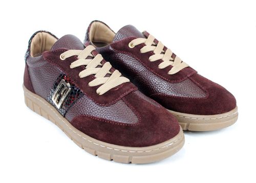 Pantofi sport damă Retria din piele bordo și velur cu detaliu snake și șireturi bej