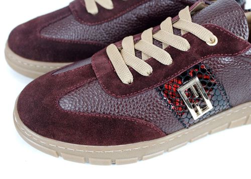 Pantofi sport damă Retria din piele bordo și velur cu detaliu snake și șireturi bej