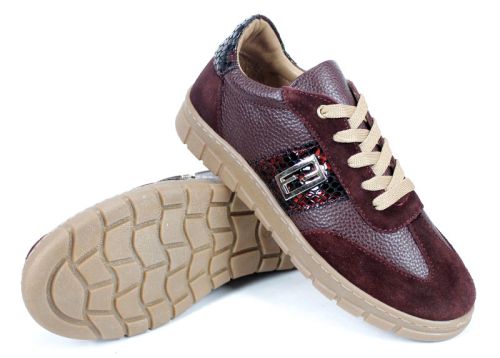 Pantofi sport damă Retria din piele bordo și velur cu detaliu snake și șireturi bej