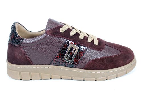 Pantofi sport damă Retria din piele bordo și velur cu detaliu snake și șireturi bej