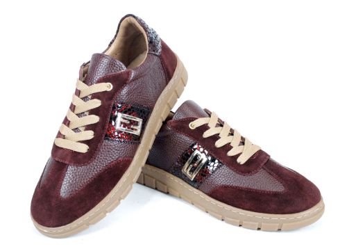 Pantofi sport damă Retria din piele bordo și velur cu detaliu snake și șireturi bej