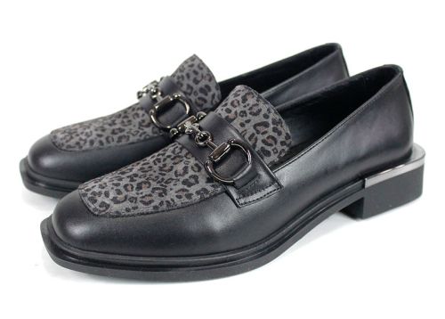 Pantofi damă Felina din piele neagră și print leopard, model premium