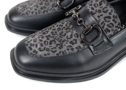 Pantofi damă Felina din piele neagră și print leopard, model premium