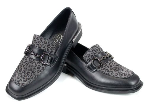 Pantofi damă Felina din piele neagră și print leopard, model premium