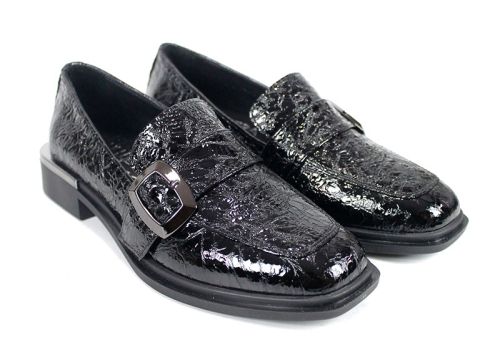 Pantofi damă Veora din lac natural texturat negru cu cataramă metalică