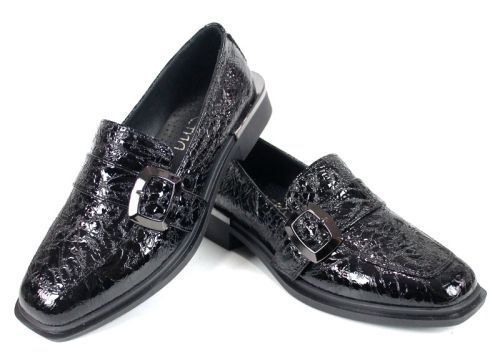 Pantofi damă Veora din lac natural texturat negru cu cataramă metalică