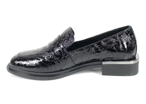 Pantofi damă Veora din lac natural texturat negru cu cataramă metalică