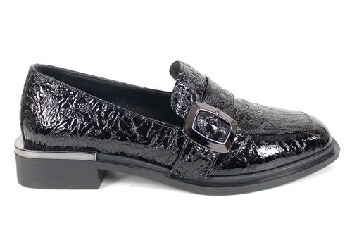 Pantofi damă Veora din lac natural texturat negru cu cataramă metalică