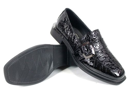 Pantofi damă Veora din lac natural texturat negru cu cataramă metalică