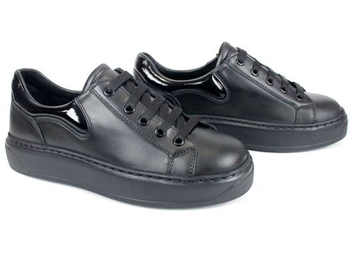 sneakers damă din piele naturală și lac negru cu talpă sport cusută și branț din piele naturală