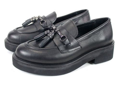 loafers damă Doux Éclat din piele naturală neagră cu detaliu metalic și talpă ușoară