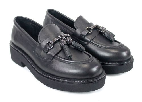 loafers damă Doux Éclat din piele naturală neagră cu detaliu metalic și talpă ușoară