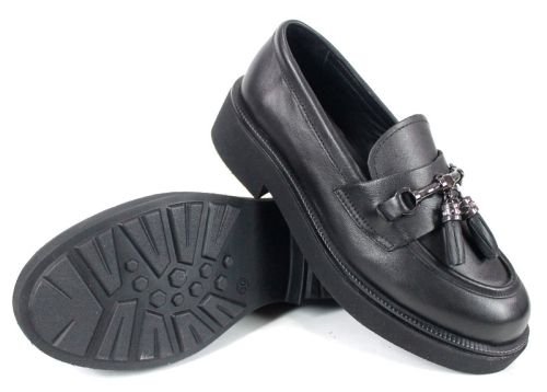 loafers damă Doux Éclat din piele naturală neagră cu detaliu metalic și talpă ușoară