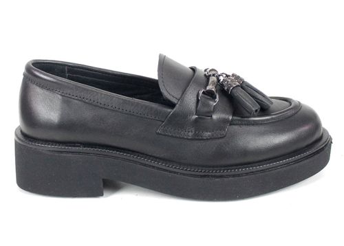 loafers damă Doux Éclat din piele naturală neagră cu detaliu metalic și talpă ușoară