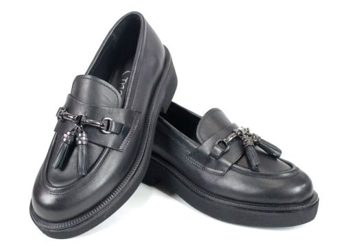 loafers damă Doux Éclat din piele naturală neagră cu detaliu metalic și talpă ușoară