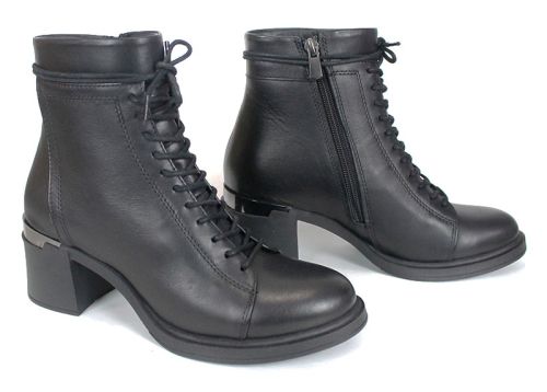 botine damă Nera Forte din piele naturală, negre, cu șiret și fermoar, interior din pluș călduros și toc stabil, perfecte pentru iarnă și confort zilnic