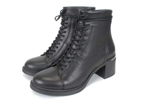 botine damă Nera Forte din piele naturală, negre, cu șiret și fermoar, interior din pluș călduros și toc stabil, perfecte pentru iarnă și confort zilnic