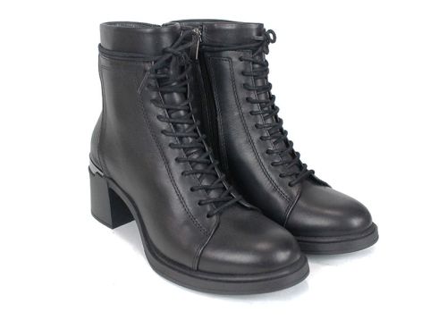 botine damă Nera Forte din piele naturală, negre, cu șiret și fermoar, interior din pluș călduros și toc stabil, perfecte pentru iarnă și confort zilnic