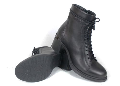 botine damă Nera Forte din piele naturală, negre, cu șiret și fermoar, interior din pluș călduros și toc stabil, perfecte pentru iarnă și confort zilnic