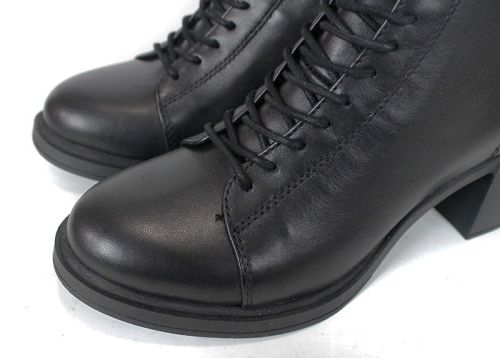 botine damă Nera Forte din piele naturală, negre, cu șiret și fermoar, interior din pluș călduros și toc stabil, perfecte pentru iarnă și confort zilnic