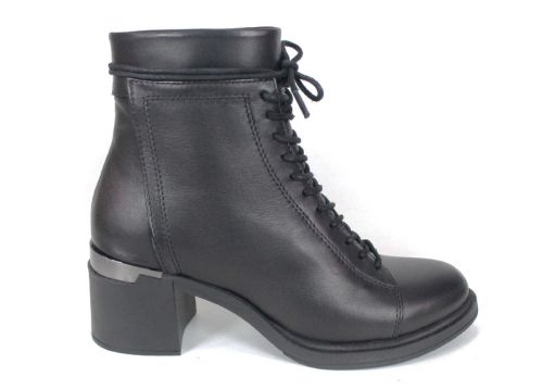 botine damă Nera Forte din piele naturală, negre, cu șiret și fermoar, interior din pluș călduros și toc stabil, perfecte pentru iarnă și confort zilnic