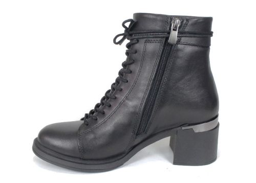 botine damă Nera Forte din piele naturală, negre, cu șiret și fermoar, interior din pluș călduros și toc stabil, perfecte pentru iarnă și confort zilnic