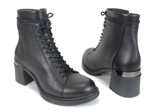 botine damă Nera Forte din piele naturală, negre, cu șiret și fermoar, interior din pluș călduros și toc stabil, perfecte pentru iarnă și confort zilnic