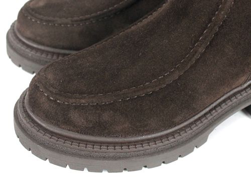 Botine damă Luce Velluto din piele naturală întoarsă maro închis, cu interior din pluș și talpă groasă de iarnă – eleganță și confort modern.