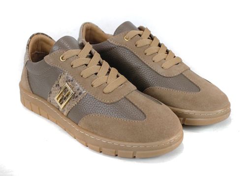 Pantofi sport damă Luce Antica din piele naturală și piele întoarsă, cu detaliu șarpe și accesoriu auriu, talpă cusută din cauciuc și interior din piele.