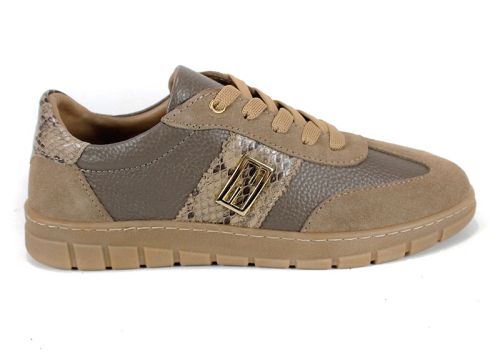 Pantofi sport damă Luce Antica din piele naturală și piele întoarsă, cu detaliu șarpe și accesoriu auriu, talpă cusută din cauciuc și interior din piele.